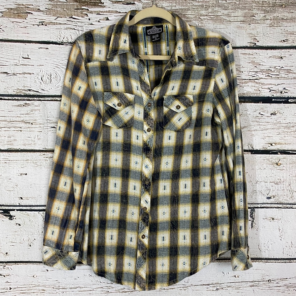 Angie Plaid Aztec Button Down Top